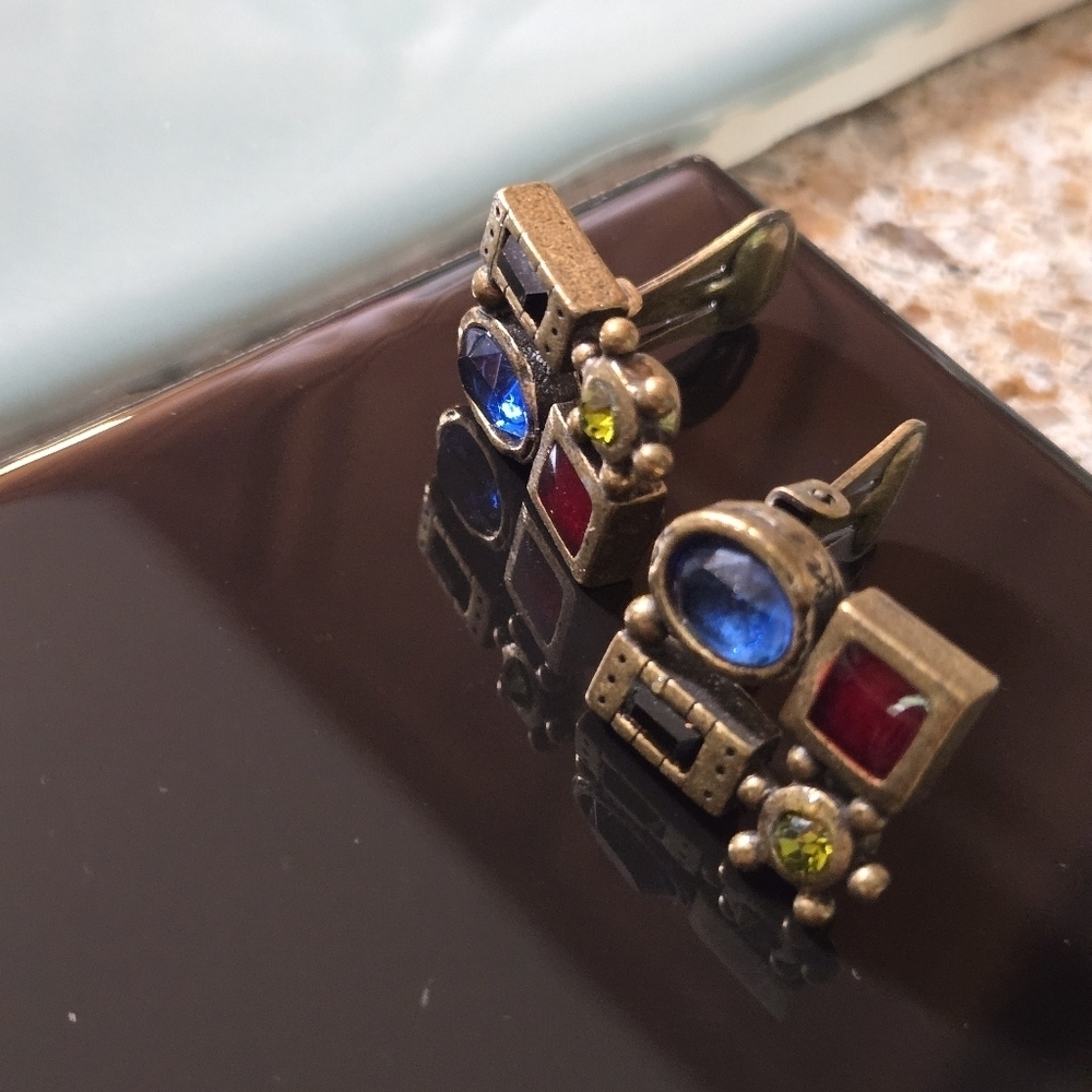 Chico's Vintage 1980s Clip-On Earrings with Blue and Red Green Stones In Brozen - Picture 8 of 16